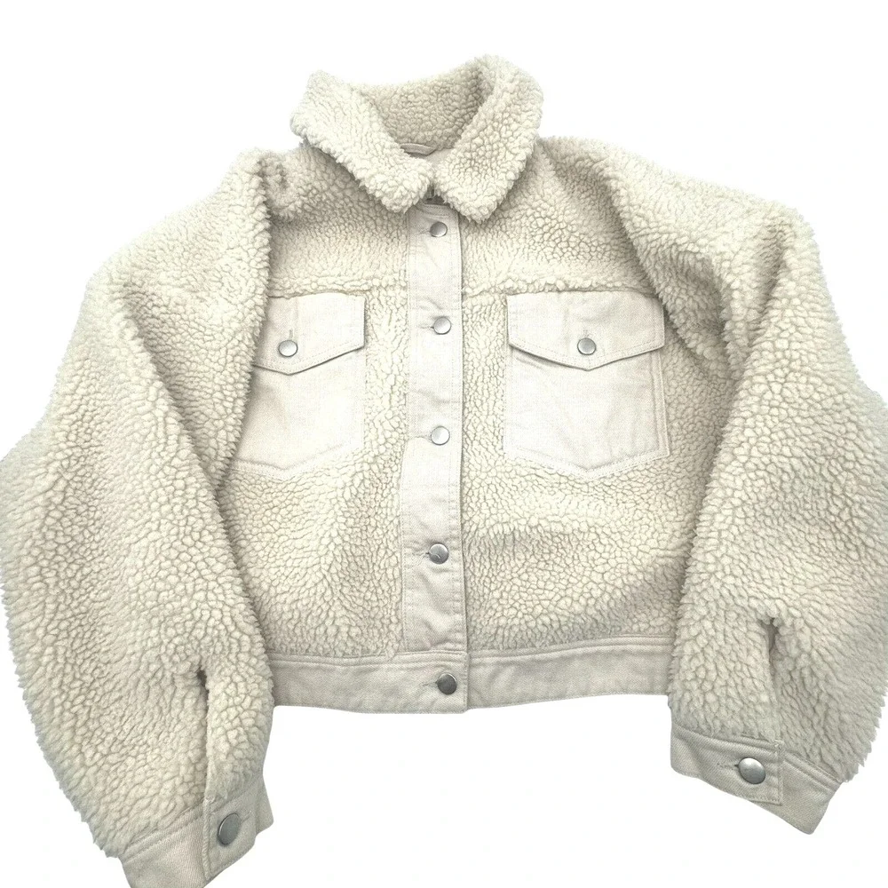 ZARA Women's Large Shearling Cream Beige Denim Trucker Biker Jacket Pockets Coat